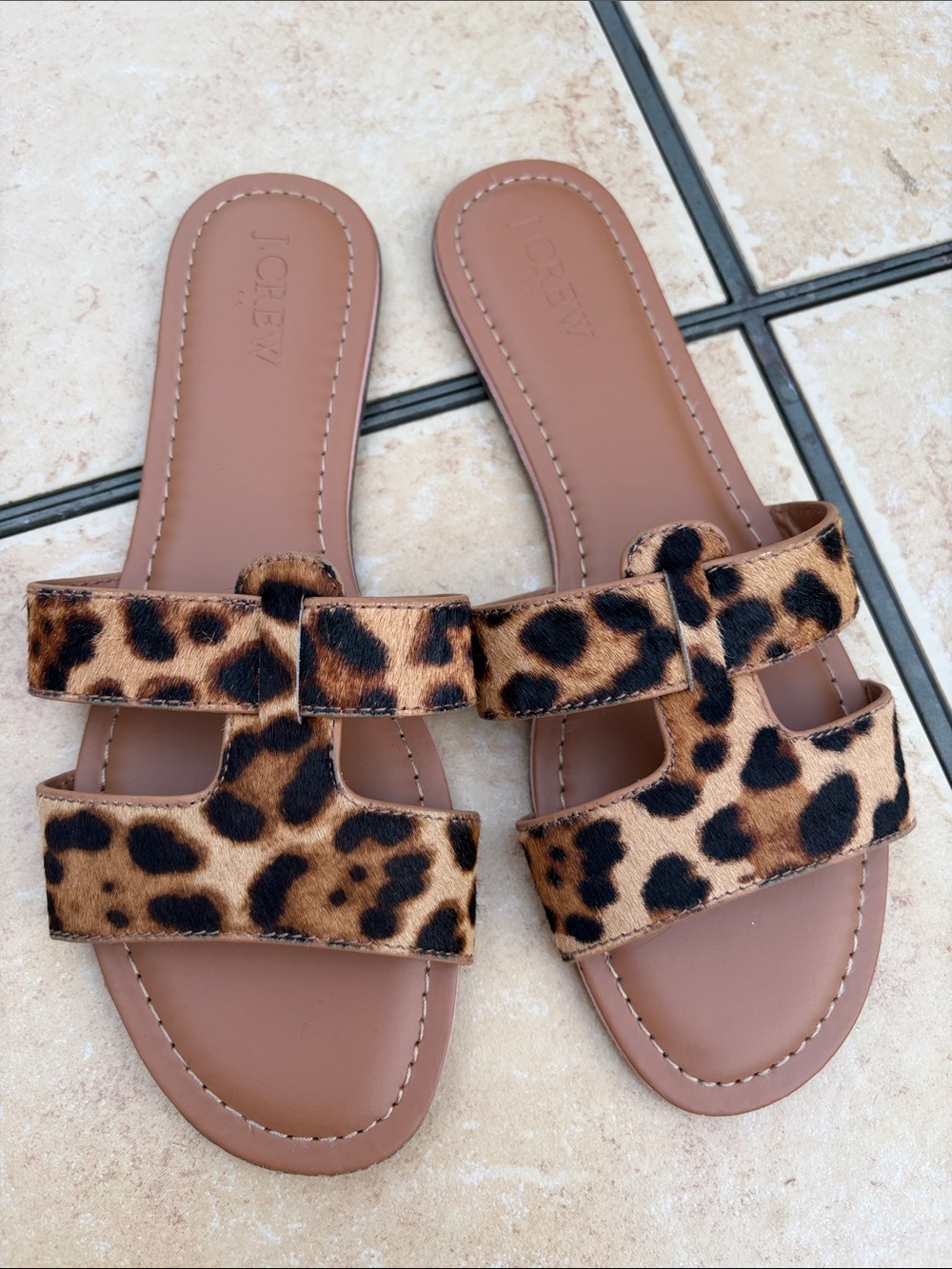 J. Crew Leopard Print Slide Sandals - Tan and Black